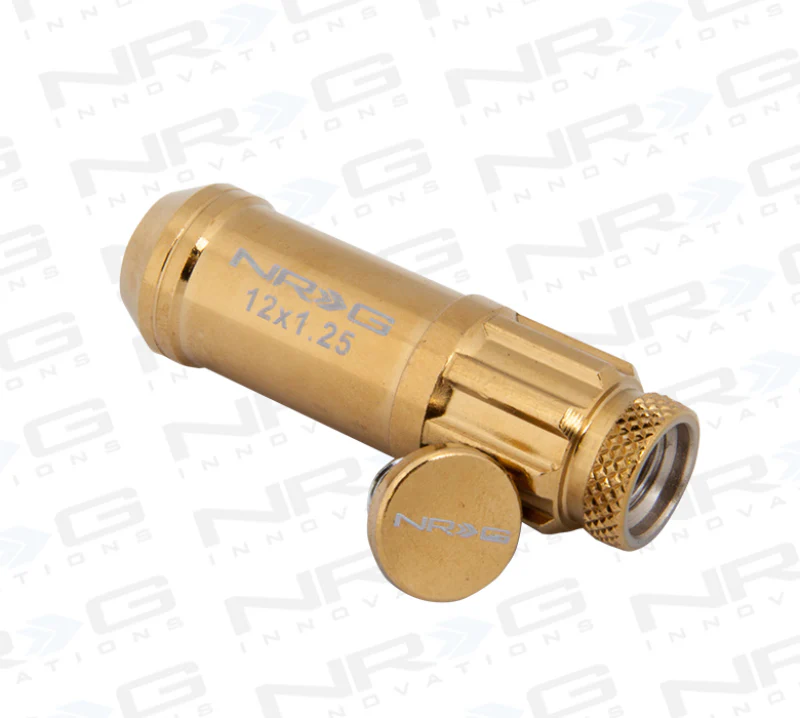 NRG 700 Series M12 X 1.25 Steel Lug Nut w/Dust Cap Cover Set 21 Pc w/Locks & Socket - Chrome Gold - Image 2