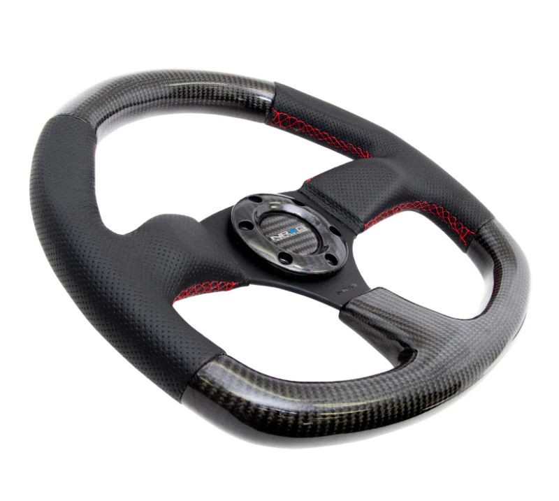 NRG Carbon Fiber Steering Wheel (320mm) Flat Bottom & Leather Trim w/Red Stitching - Image 2