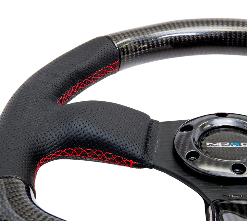 NRG Carbon Fiber Steering Wheel (320mm) Flat Bottom & Leather Trim w/Red Stitching - Image 3