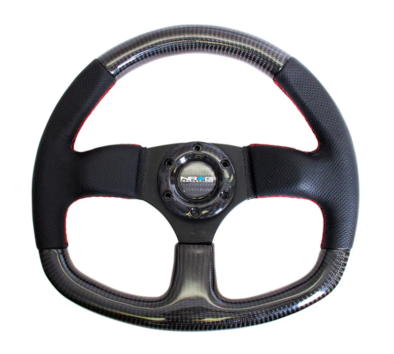 NRG Carbon Fiber Steering Wheel (320mm) Flat Bottom & Leather Trim w/Red Stitching - Image 5