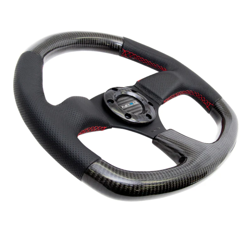 NRG Carbon Fiber Steering Wheel (320mm) Flat Bottom & Leather Trim w/Red Stitching - Image 6