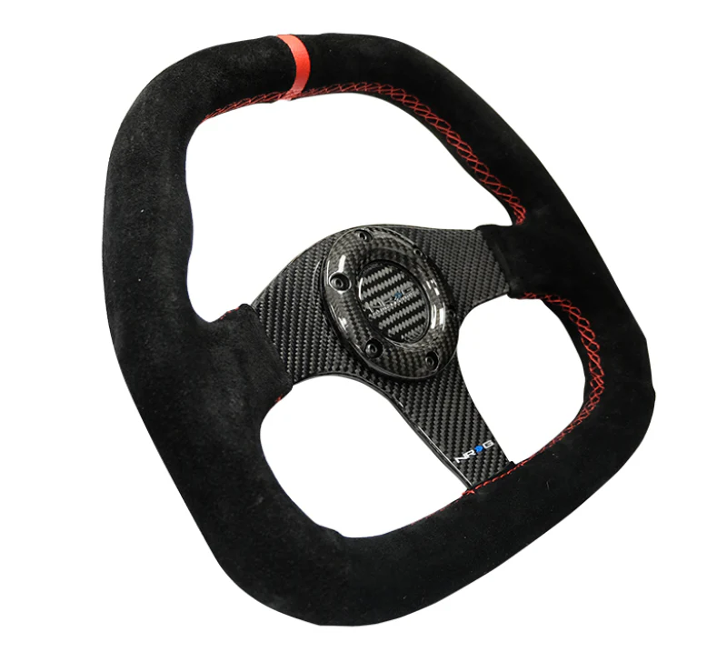 NRG Carbon Fiber Steering Wheel (320mm) Flat Btm. Blk Suede/Red Stitch w/CF Spokes & Red Center Mark - Image 2