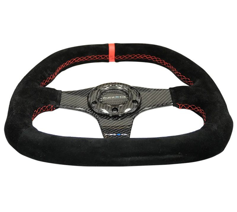NRG Carbon Fiber Steering Wheel (320mm) Flat Btm. Blk Suede/Red Stitch w/CF Spokes & Red Center Mark - Image 3