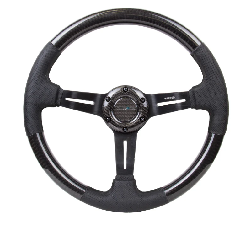 NRG Carbon Fiber Steering Wheel (350mm / 1.5in. Deep) Leather Trim w/Blk Stitch & Slit Cutout Spokes - Image 2