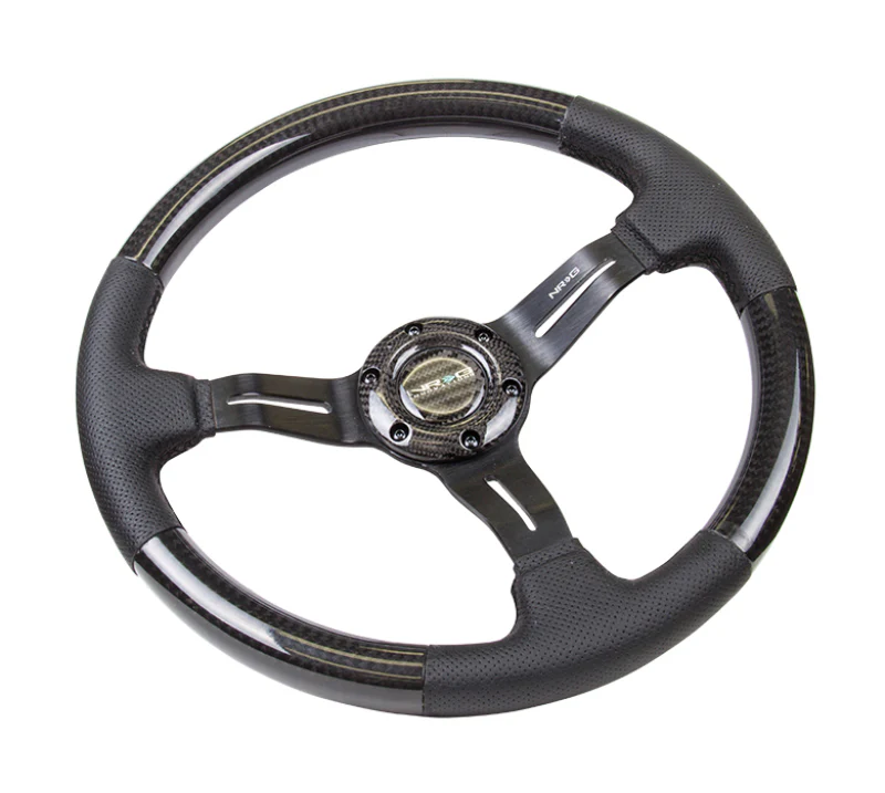 NRG Carbon Fiber Steering Wheel (350mm / 1.5in. Deep) Leather Trim w/Blk Stitch & Slit Cutout Spokes - Image 3