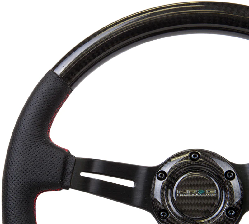 NRG Carbon Fiber Steering Wheel (350mm /1.5in. Deep) Leather Trim w/Red Stitch & Slit Cutout Spokes - Image 2