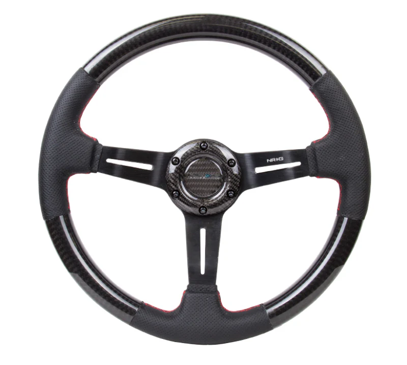 NRG Carbon Fiber Steering Wheel (350mm /1.5in. Deep) Leather Trim w/Red Stitch & Slit Cutout Spokes - Image 3