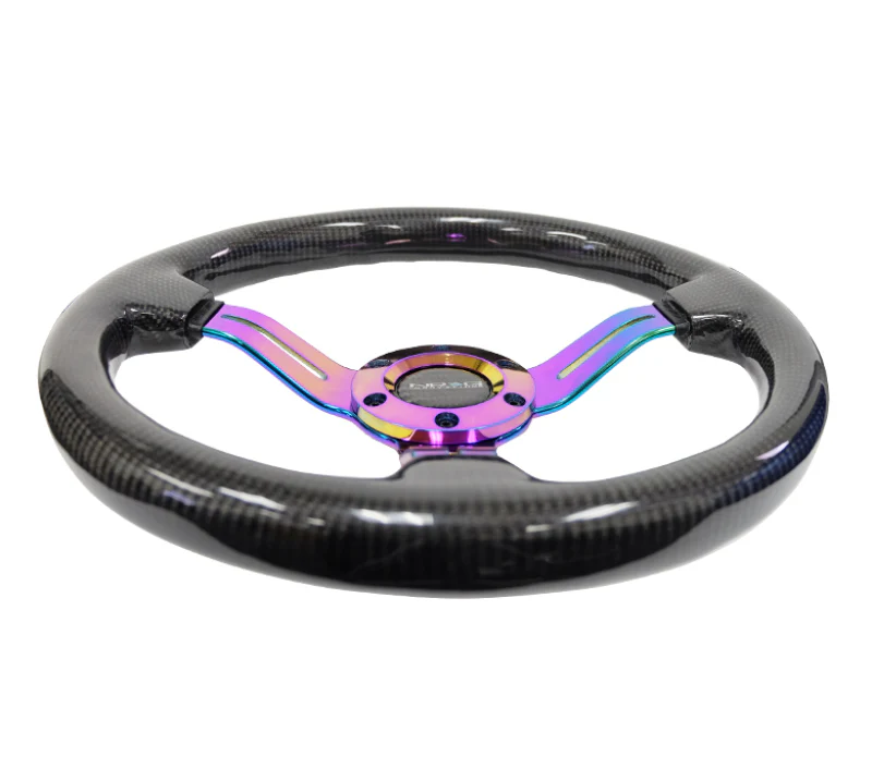 NRG Carbon Fiber Steering Wheel (350mm / 1.5in. Deep) Neochrome 3-Spoke Design w/Slit Cuts - Image 2