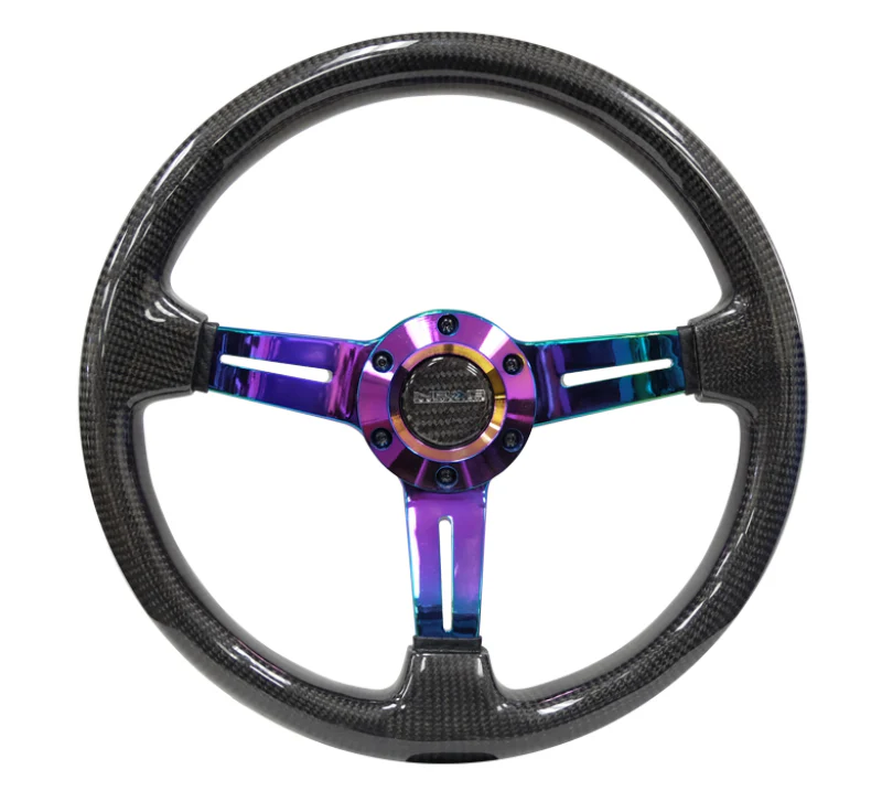 NRG Carbon Fiber Steering Wheel (350mm / 1.5in. Deep) Neochrome 3-Spoke Design w/Slit Cuts - Image 4