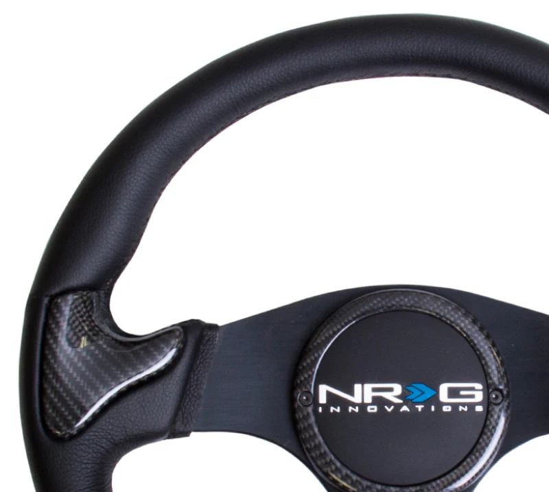 NRG Carbon Fiber Steering Wheel (350mm) Blk Frame Blk Stitching w/Rubber Cover Horn Button - Image 2