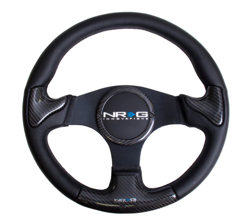 NRG Carbon Fiber Steering Wheel (350mm) Blk Frame Blk Stitching w/Rubber Cover Horn Button - Image 3