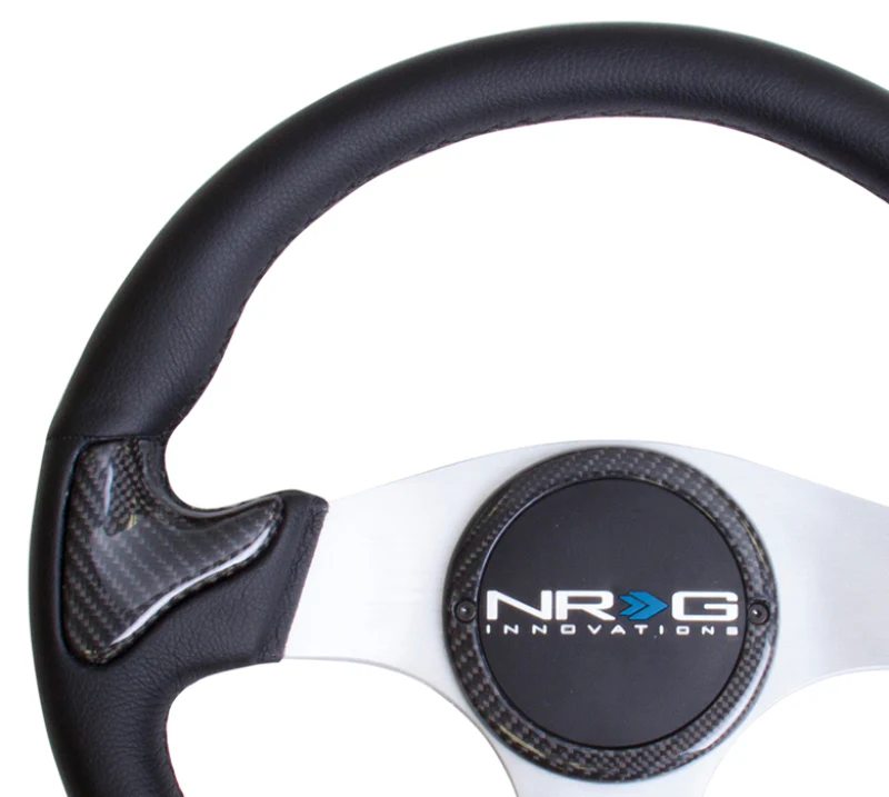 NRG Carbon Fiber Steering Wheel (350mm) Silver Frame Blk Stitching w/Rubber Cover Horn Button - Image 2
