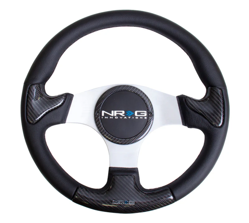 NRG Carbon Fiber Steering Wheel (350mm) Silver Frame Blk Stitching w/Rubber Cover Horn Button - Image 3