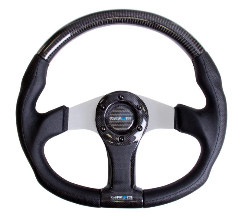 NRG Carbon Fiber Steering Wheel (350mm) Silver Oval Shape w/Leather Trim - Image 2