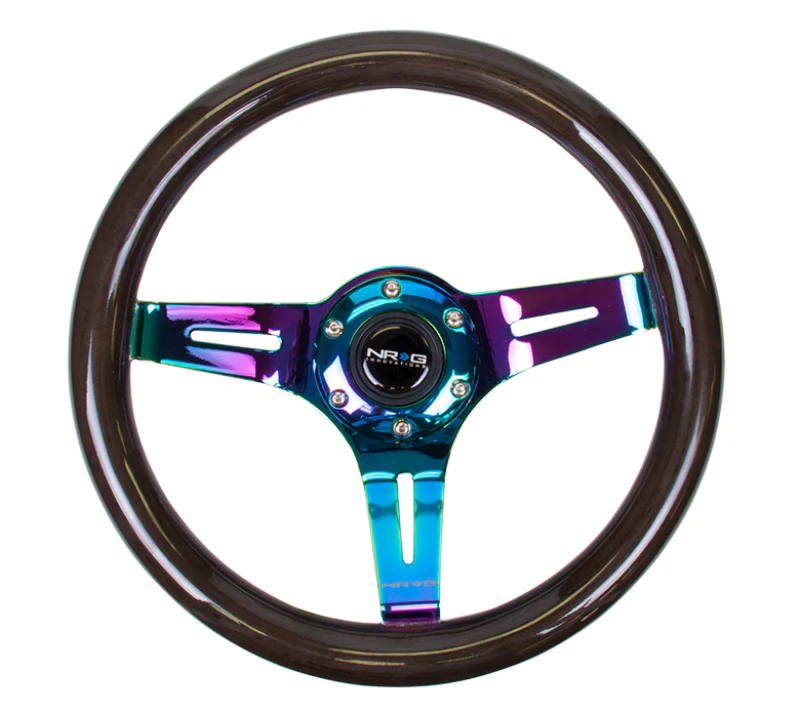 NRG Classic Wood Grain Steering Wheel (310mm) Black w/Neochrome 3-Spoke Center - Image 2