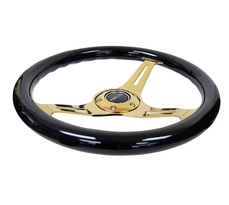 NRG Classic Wood Grain Steering Wheel (350mm) Black Grip w/Chrome Gold 3-Spoke Center - Image 2