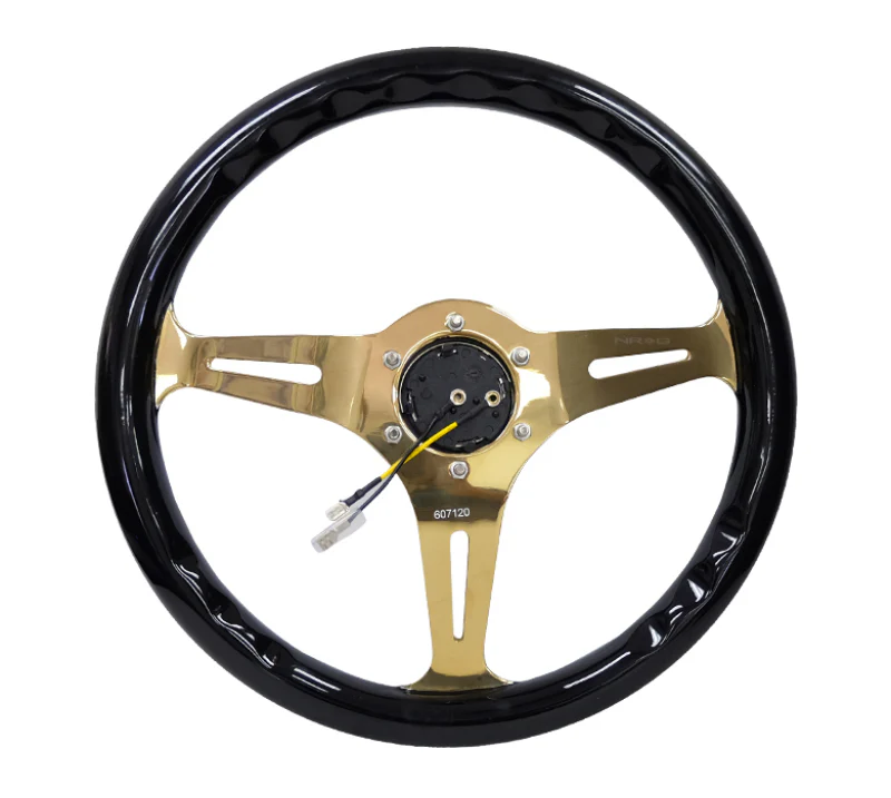 NRG Classic Wood Grain Steering Wheel (350mm) Black Grip w/Chrome Gold 3-Spoke Center - Image 3