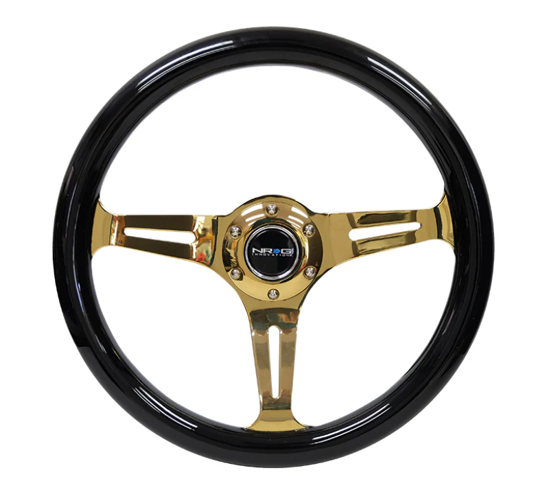 NRG Classic Wood Grain Steering Wheel (350mm) Black Grip w/Chrome Gold 3-Spoke Center - Image 4