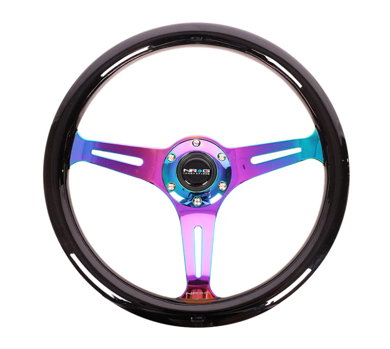 NRG Classic Wood Grain Steering Wheel (350mm) Black Paint Grip w/Neochrome 3-Spoke Center - Image 2