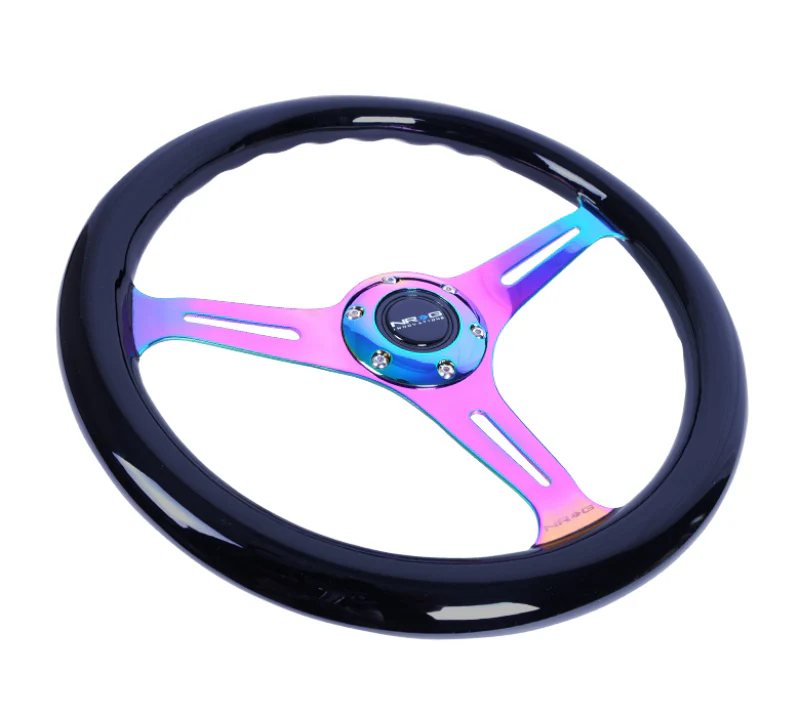 NRG Classic Wood Grain Steering Wheel (350mm) Black Paint Grip w/Neochrome 3-Spoke Center - Image 3