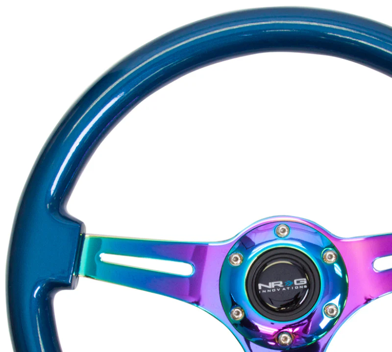 NRG Classic Wood Grain Steering Wheel (350mm) Blue Pearl/Flake Paint w/Neochrome 3-Spoke Center - Image 2
