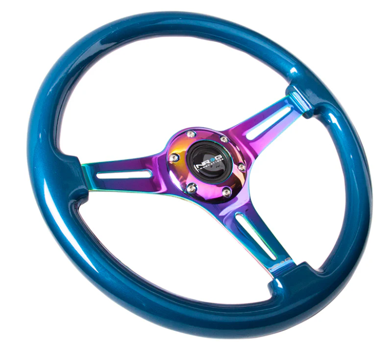 NRG Classic Wood Grain Steering Wheel (350mm) Blue Pearl/Flake Paint w/Neochrome 3-Spoke Center - Image 3