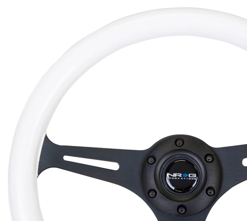 NRG Classic Wood Grain Steering Wheel (350mm) Glow-In-The-Dark Blue Grip w/Black 3-Spoke Center - Image 4