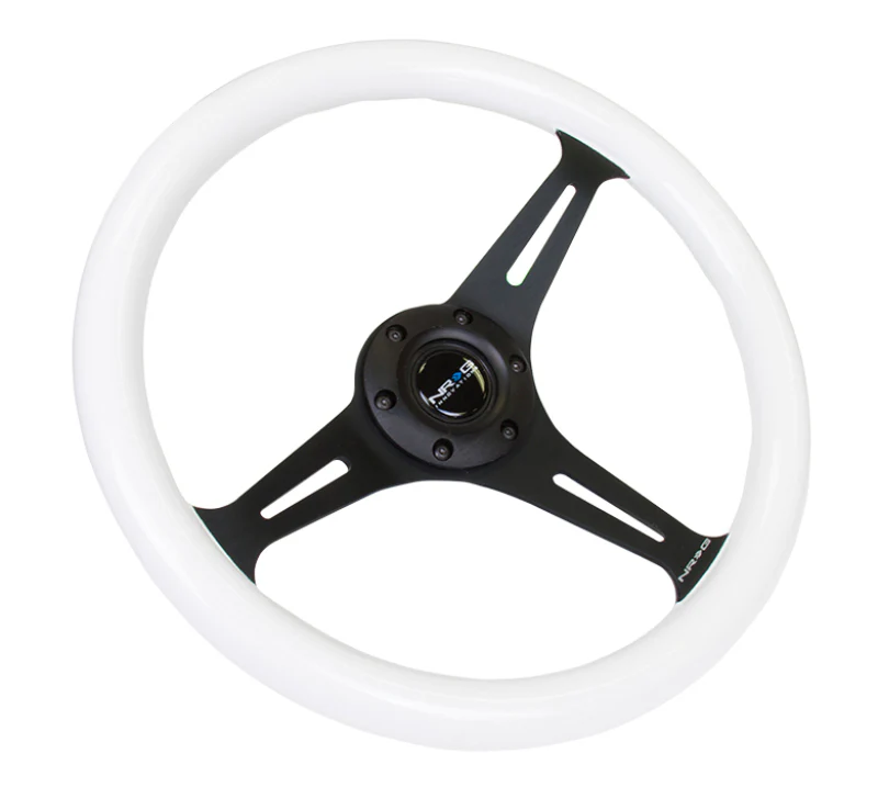 NRG Classic Wood Grain Steering Wheel (350mm) Glow-N-The-Dark Green Grip w/Black 3-Spoke Center - Image 2