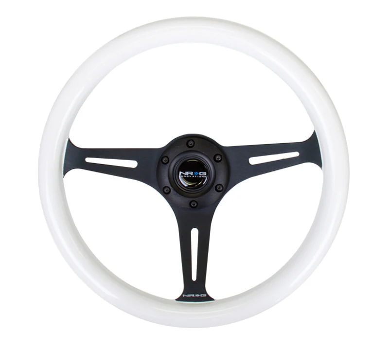 NRG Classic Wood Grain Steering Wheel (350mm) Glow-N-The-Dark Green Grip w/Black 3-Spoke Center - Image 4