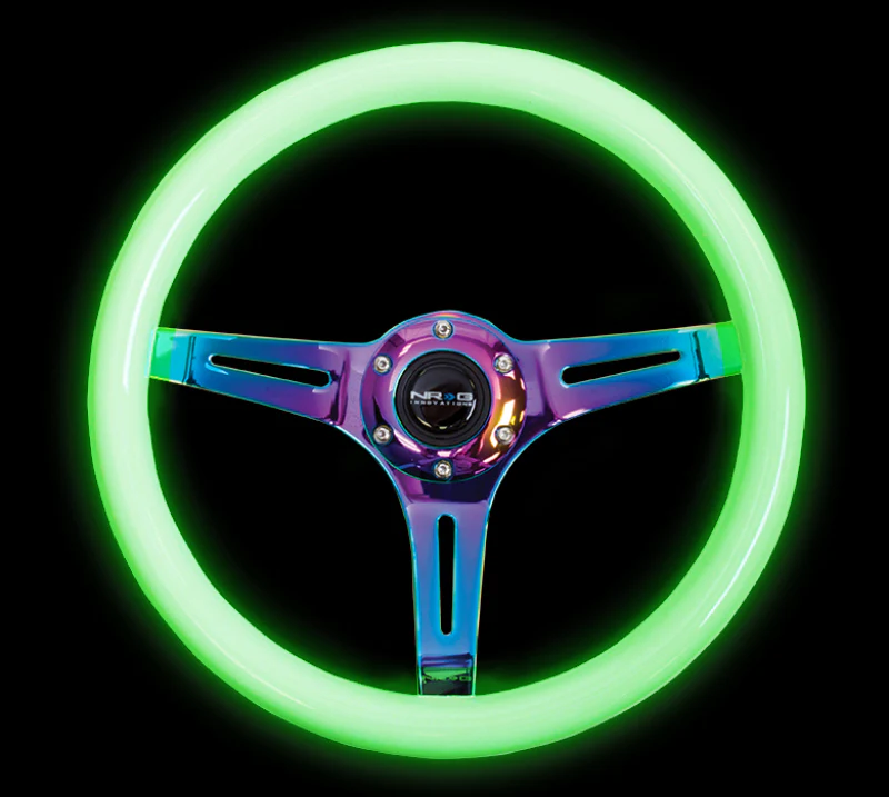 NRG Classic Wood Grain Steering Wheel (350mm) Glow-N-The-Dark Green Grip w/Neochrome 3-Spoke Center - Image 2