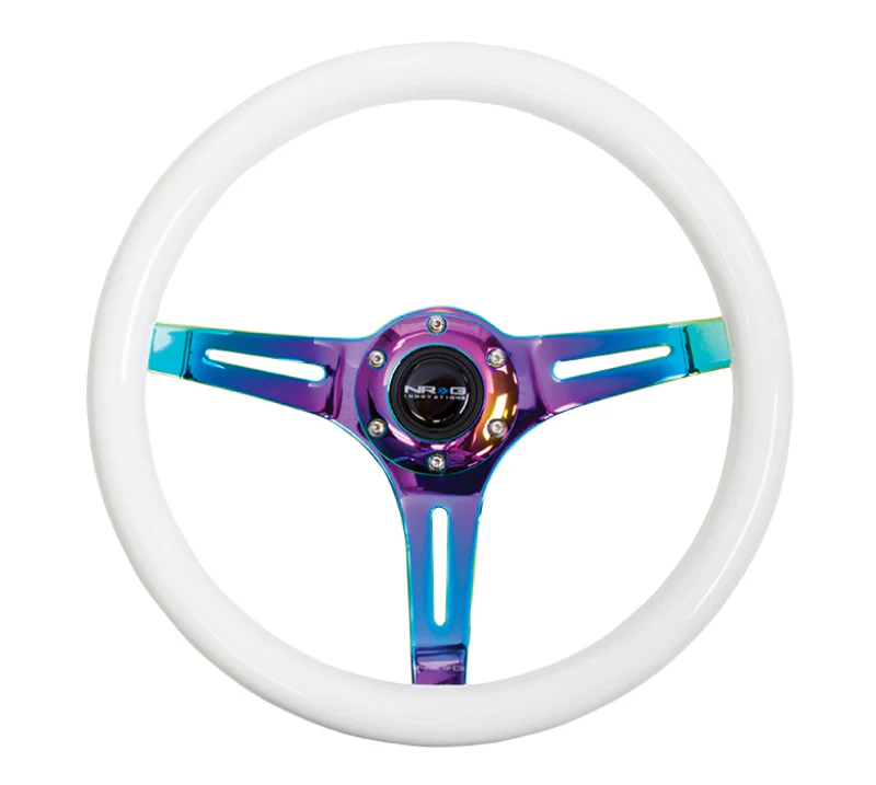 NRG Classic Wood Grain Steering Wheel (350mm) Glow-N-The-Dark Green Grip w/Neochrome 3-Spoke Center - Image 3