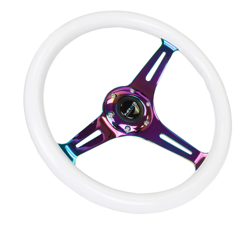 NRG Classic Wood Grain Steering Wheel (350mm) Glow-N-The-Dark Green Grip w/Neochrome 3-Spoke Center - Image 4