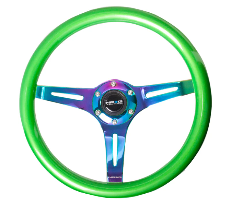 NRG Classic Wood Grain Steering Wheel (350mm) Green Pearl/Flake Paint w/Neochrome 3-Spoke Center - Image 2