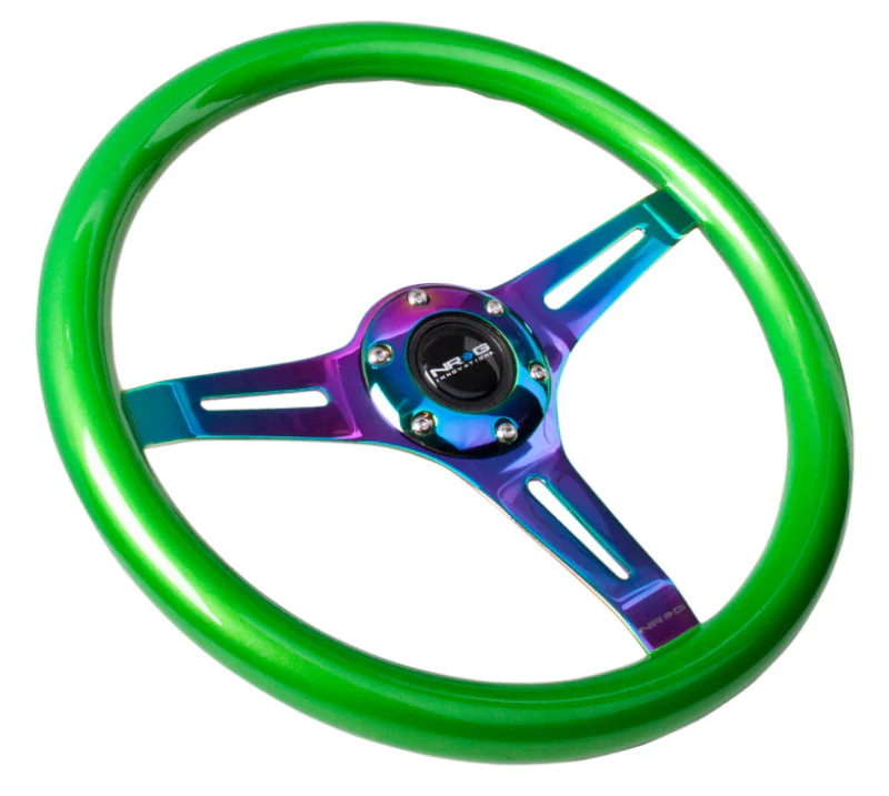 NRG Classic Wood Grain Steering Wheel (350mm) Green Pearl/Flake Paint w/Neochrome 3-Spoke Center - Image 3