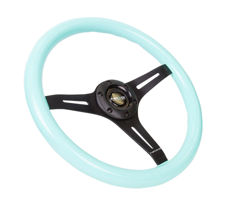 NRG Classic Wood Grain Steering Wheel (350mm) Minty Fresh Color Grip w/Black 3-Spoke Center - Image 2