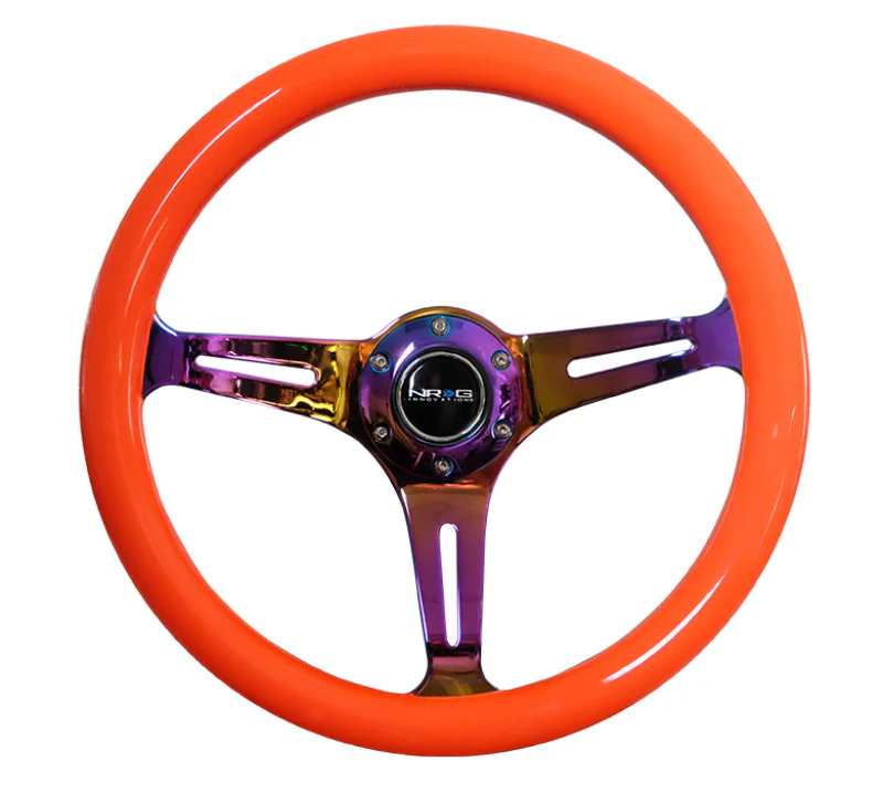 NRG Classic Wood Grain Steering Wheel (350mm) Neon Orange Color w/Neochrome Spokes - Image 2