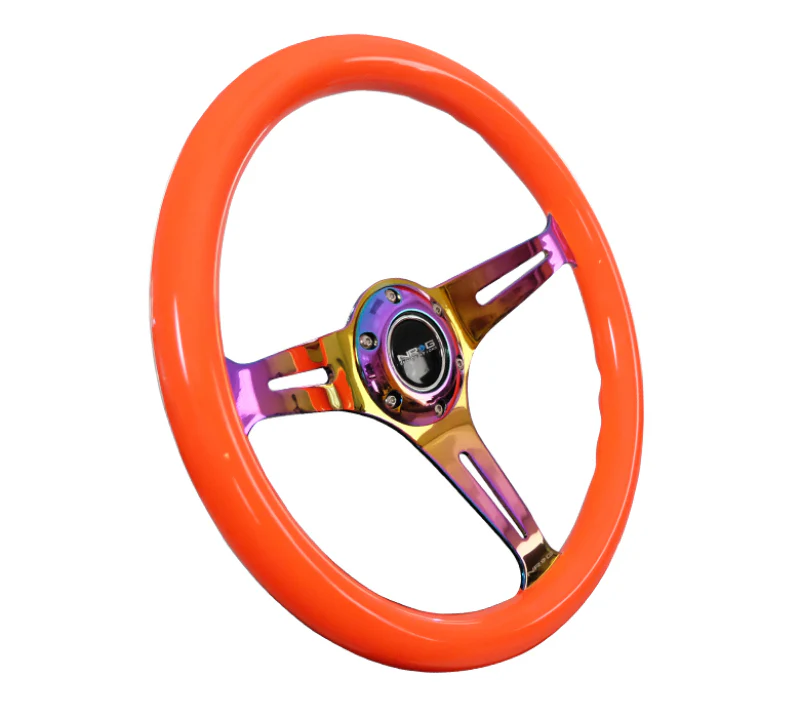 NRG Classic Wood Grain Steering Wheel (350mm) Neon Orange Color w/Neochrome Spokes - Image 3