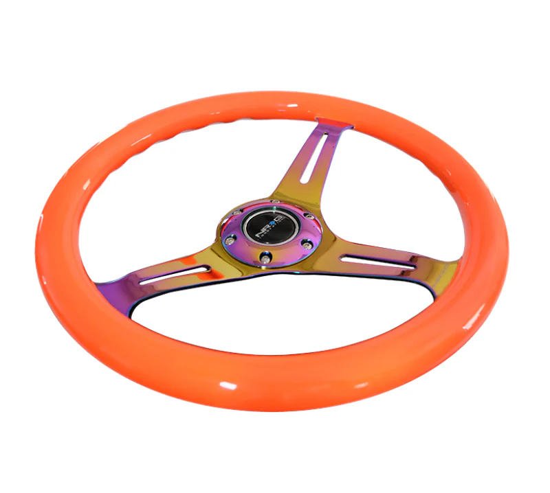NRG Classic Wood Grain Steering Wheel (350mm) Neon Orange Color w/Neochrome Spokes - Image 4