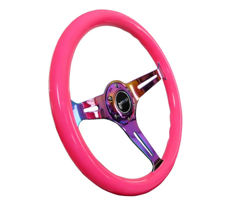 NRG Classic Wood Grain Steering Wheel (350mm) Neon Pink Painted Grip w/Neochrome 3-Spoke Center - Image 2