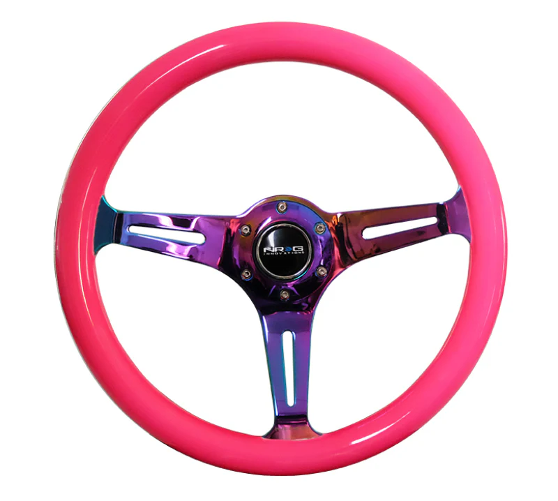NRG Classic Wood Grain Steering Wheel (350mm) Neon Pink Painted Grip w/Neochrome 3-Spoke Center - Image 3