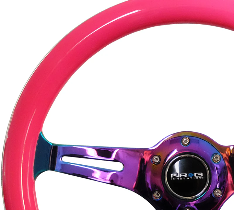 NRG Classic Wood Grain Steering Wheel (350mm) Neon Pink Painted Grip w/Neochrome 3-Spoke Center - Image 4