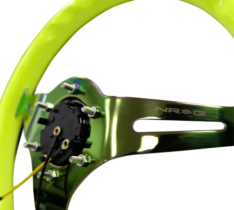 NRG Classic Wood Grain Steering Wheel (350mm) Neon Yellow Color w/Neochrome Spokes - Image 2