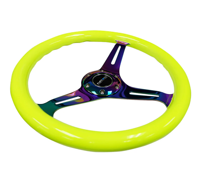 NRG Classic Wood Grain Steering Wheel (350mm) Neon Yellow Color w/Neochrome Spokes - Image 3