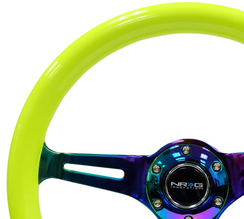 NRG Classic Wood Grain Steering Wheel (350mm) Neon Yellow Color w/Neochrome Spokes - Image 4