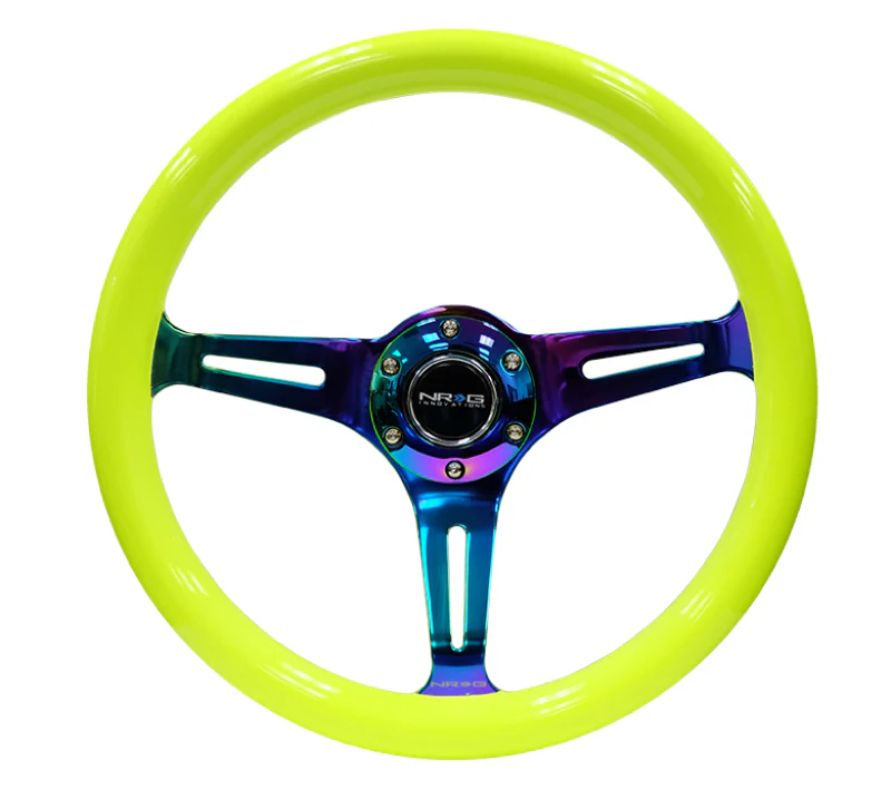 NRG Classic Wood Grain Steering Wheel (350mm) Neon Yellow Color w/Neochrome Spokes - Image 5