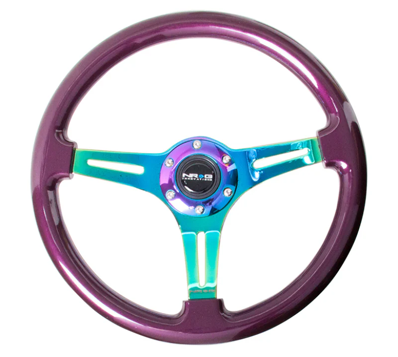NRG Classic Wood Grain Steering Wheel (350mm) Purple Pearl Paint w/Neochrome 3-Spoke Center - Image 3