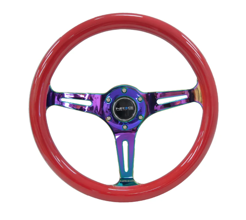 NRG Classic Wood Grain Steering Wheel (350mm) Red Grip w/Neochrome 3-Spoke Center - Image 2