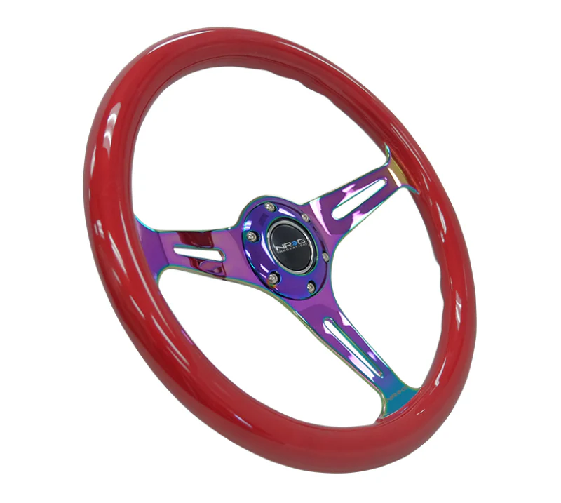 NRG Classic Wood Grain Steering Wheel (350mm) Red Grip w/Neochrome 3-Spoke Center - Image 3