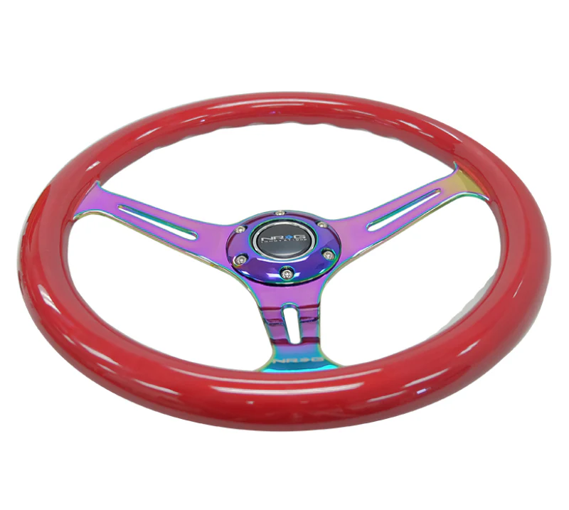 NRG Classic Wood Grain Steering Wheel (350mm) Red Grip w/Neochrome 3-Spoke Center - Image 4