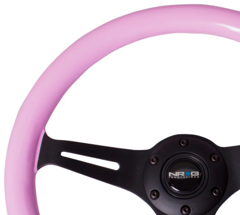 NRG Classic Wood Grain Steering Wheel (350mm) Solid Pink Painted Grip w/Black 3-Spoke Center - Image 2